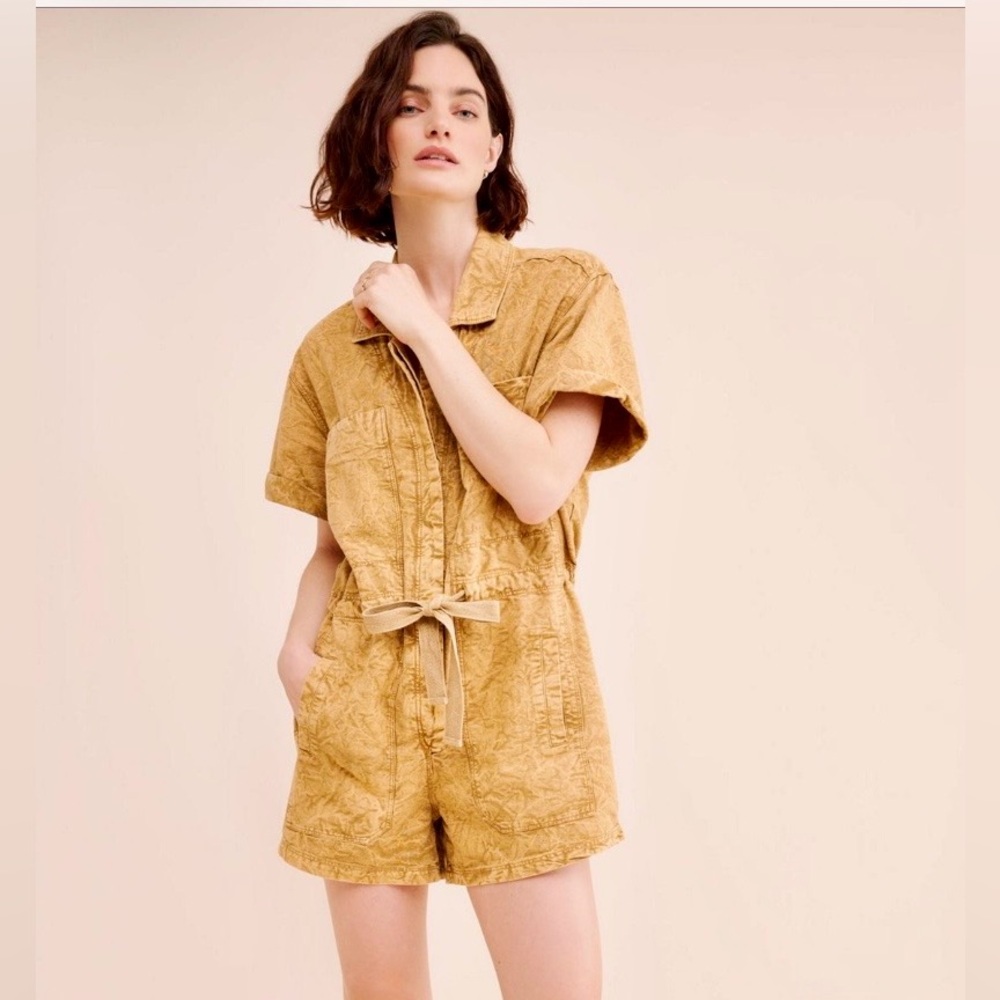 Free People Golden Tan Short-Sleeve Tie-Waist Romper